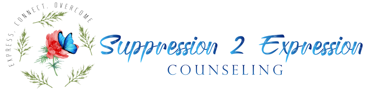 The logo of Suppression 2 Expression Counseling, a Telehealth Only LGBTQ+ Therapy Practice in Michigan. A blue butterfly on a flower, surrounded by leaves, and the words Express, Connect, Overcome.