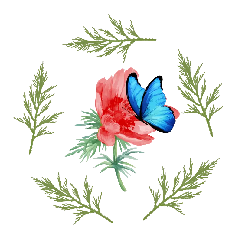 A blue butterfly on a flower. The icon of Suppression 2 Expression Counseling, a Telehealth Only LGBTQ+ Therapy Practice in Michigan.